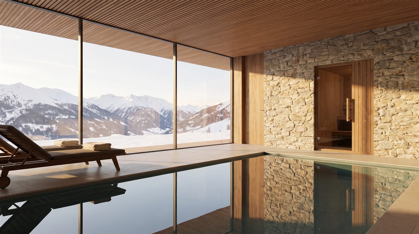 Symbolbild: Wellnessbereich mit Pool und Bergblick